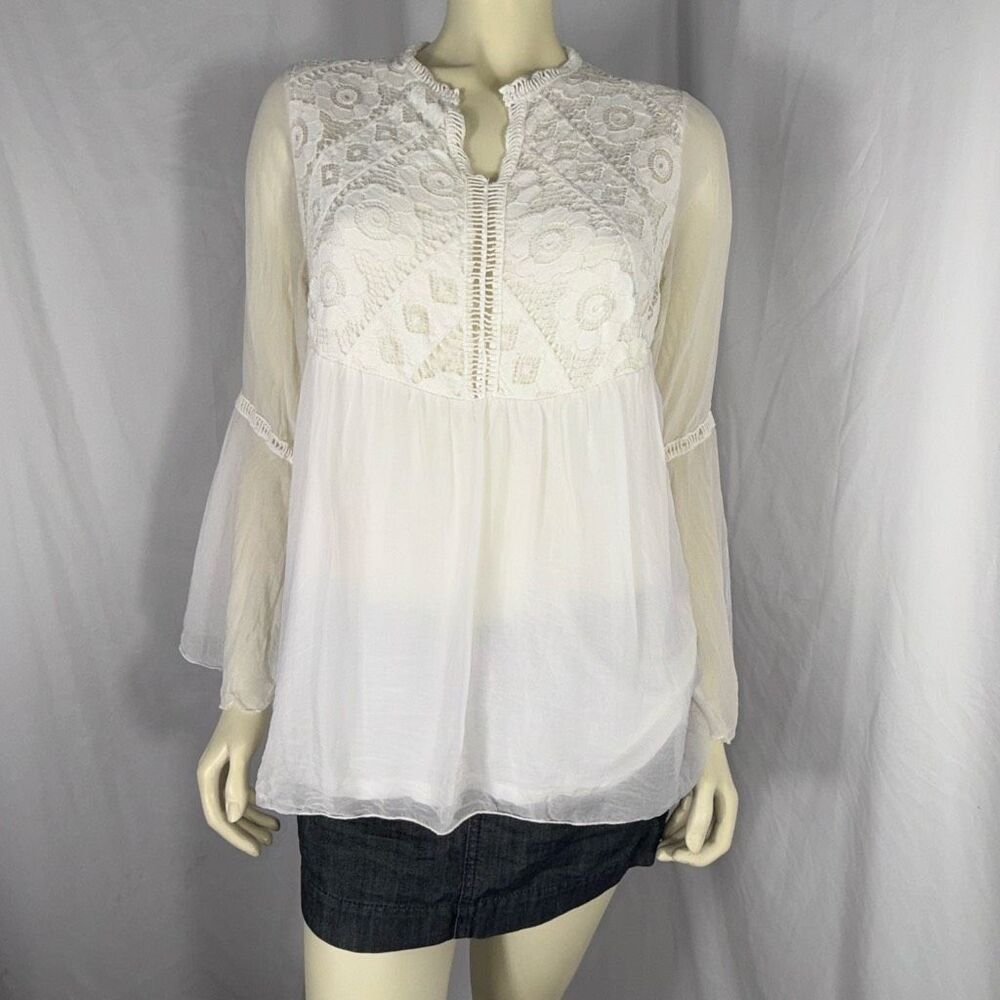 Made in Italy 100% Silk Lace Boho Blouse Sheer Bell Sleeve Peasant Top Romantic‎